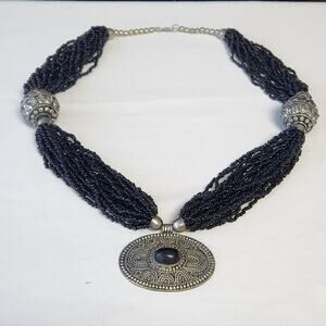 Black Seed Bead Multi-Strand Statement Necklace Silver Tone Etched Pendant Boho